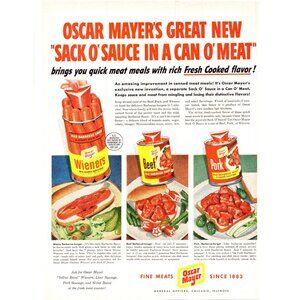 1950 Oscar Meyer Canned Meats Vintage Print Ad Sack O Sauce Can O Meat Wall Art